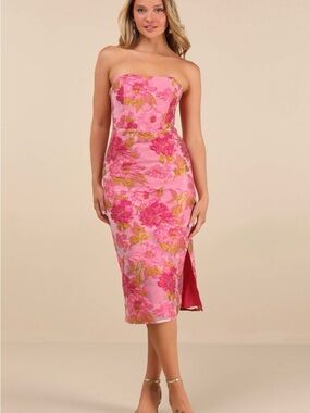 Lulu's Pink Floral Strapless Midi Dress with Side Slit